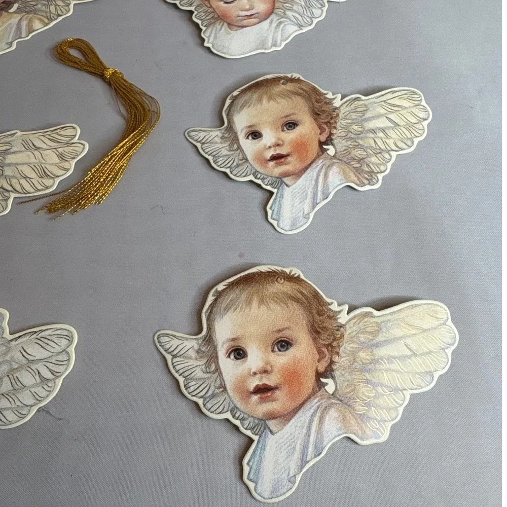 Vintage 1983 B Shackman Kathy Lawrence 12 Angel Gift Tags Cards with Gold Tassel